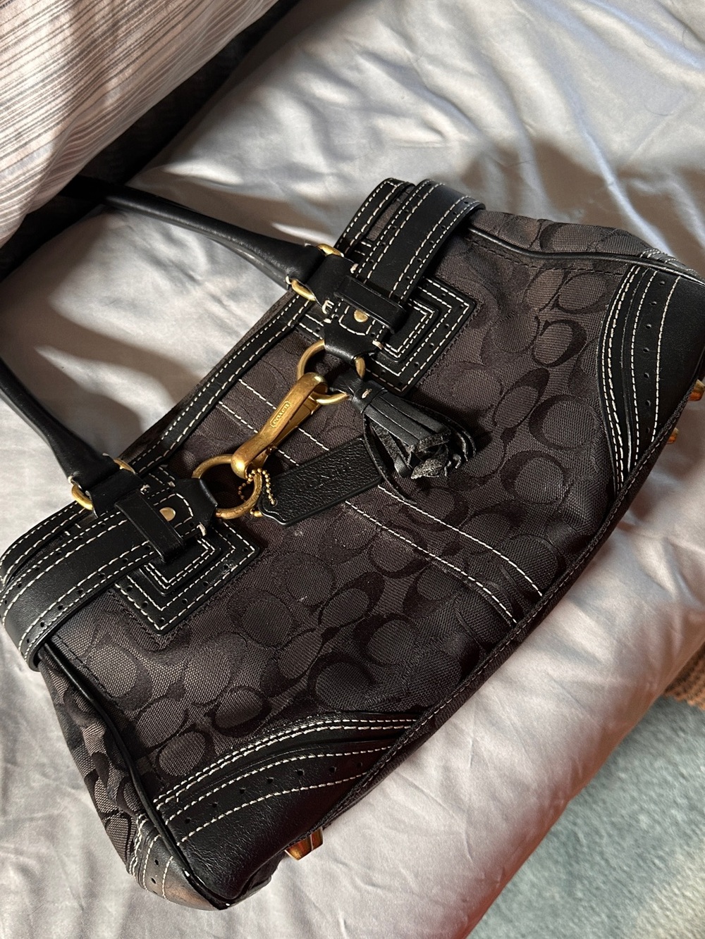 Coach Black Signature Jacquard Shoulder Bag with Gold Hardware